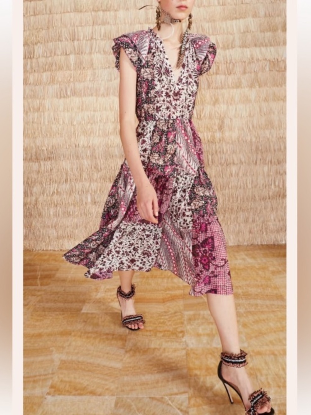 ULLA JOHNSON Asis Purple Paisley Floral Quilt Print Ruffle Dress